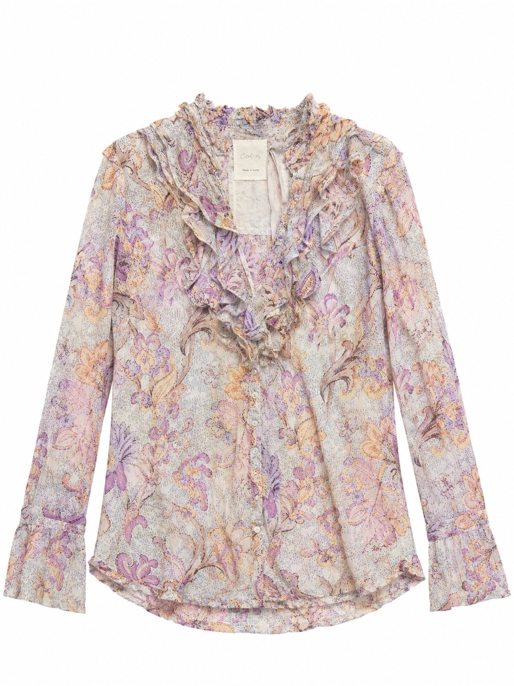 Cino Paisley Ruffle Neck Cotton Blouse in Purple & Pink Size Medium